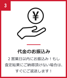 代金のお振込み　2営業?以内にお振込み！もし 査定結果にご納得頂けない場合は、 すぐにご返送します！